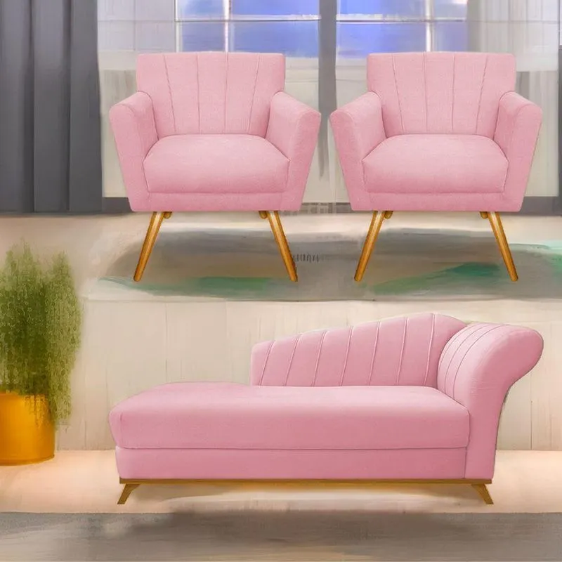 Kit Diva Recamier Vanessa 160Cm Lado Esquerdo E 02 Poltronas Laura Suede Cor Rosabebê