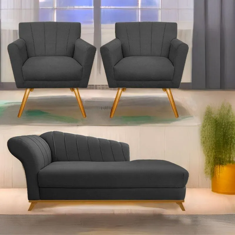Kit Diva Recamier Vanessa 185Cm Lado Direito E 02 Poltronas Laura Linho Cor Cinzaescuro