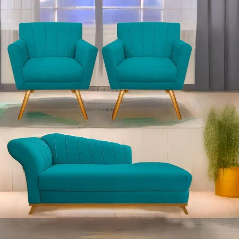 Kit Diva Recamier Vanessa 185Cm Lado Direito E 02 Poltronas Laura Suede Cor Azulturquesa