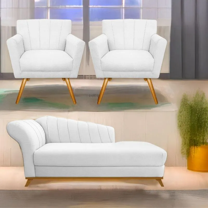 Kit Diva Recamier Vanessa 185Cm Lado Direito E 02 Poltronas Laura Suede Cor Branco
