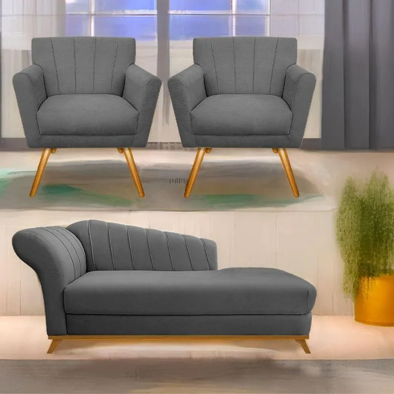 Kit Diva Recamier Vanessa 185Cm Lado Direito E 02 Poltronas Laura Suede Cor Cinza
