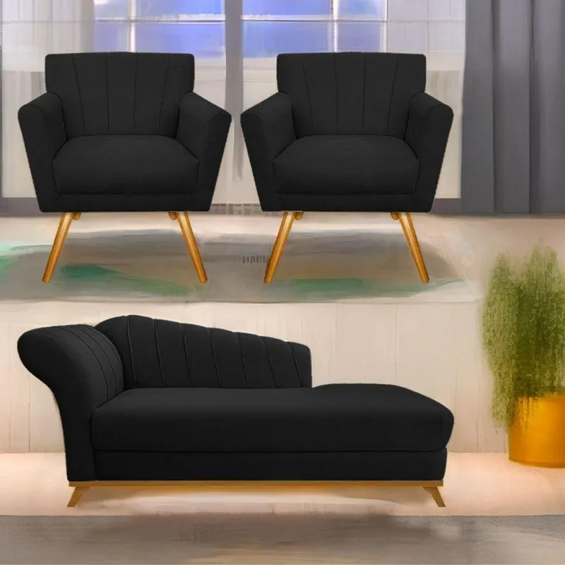 Kit Diva Recamier Vanessa 185Cm Lado Direito E 02 Poltronas Laura Suede Cor Preto