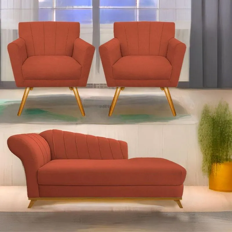 Kit Diva Recamier Vanessa 185Cm Lado Direito E 02 Poltronas Laura Suede Cor Terracota