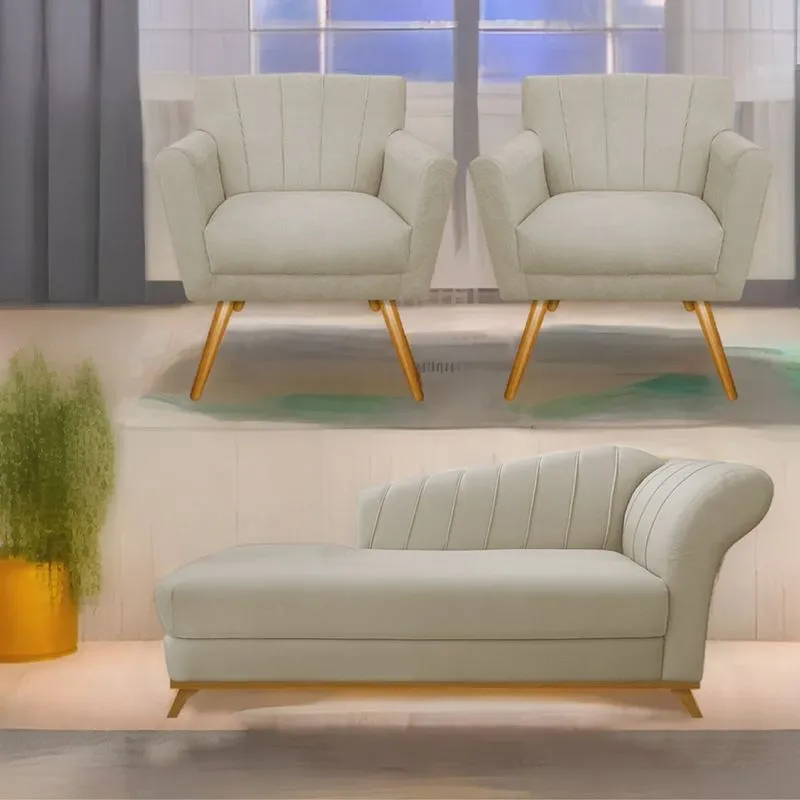 Kit Diva Recamier Vanessa 185cm Lado Esquerdo e 02 Poltronas Laura Linho - adj Decor