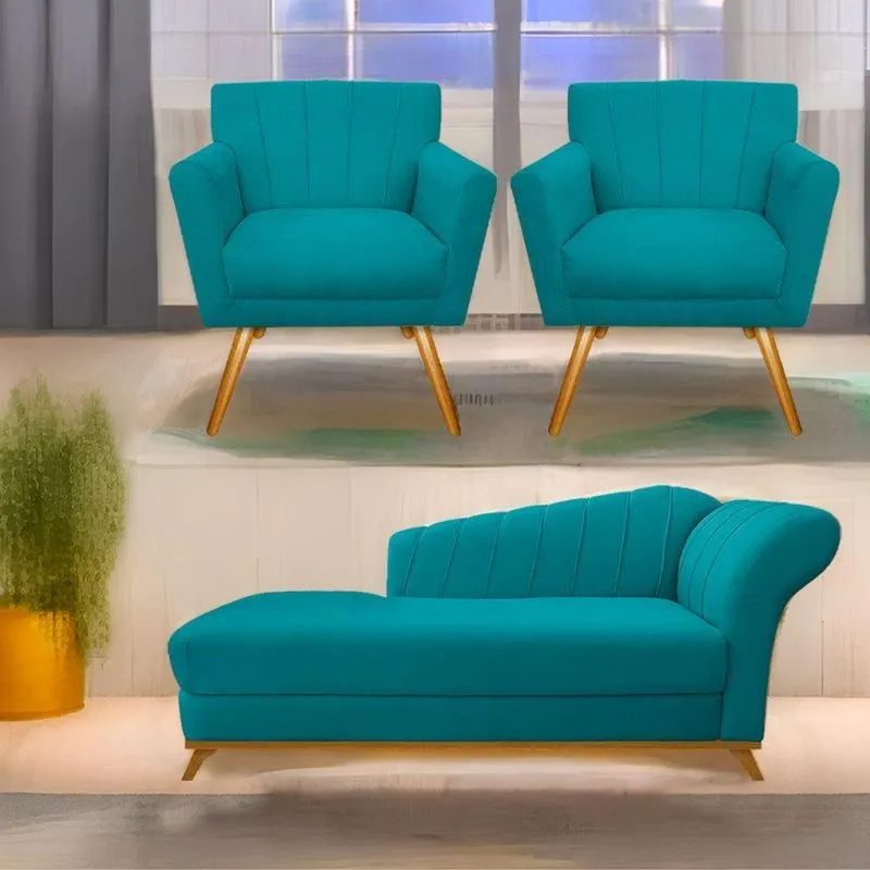 Kit Diva Recamier Vanessa 185Cm Lado Esquerdo E 02 Poltronas Laura Suede Cor Azulturquesa