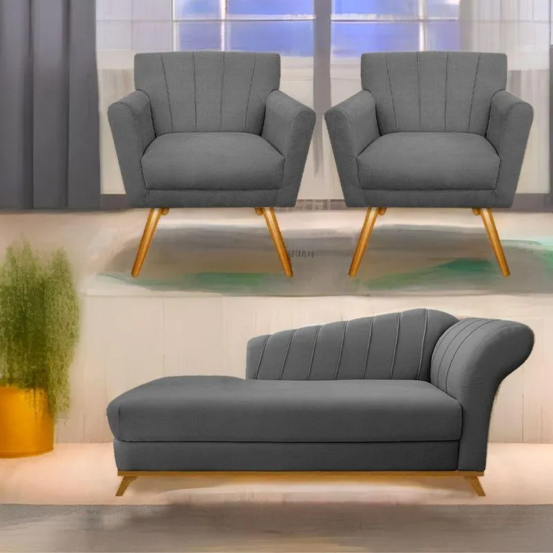 Kit Diva Recamier Vanessa 185Cm Lado Esquerdo E 02 Poltronas Laura Suede Cor Cinza