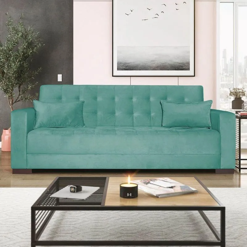 Sofá Cama 3 Lugares Jobim Suede Azul Tiffany