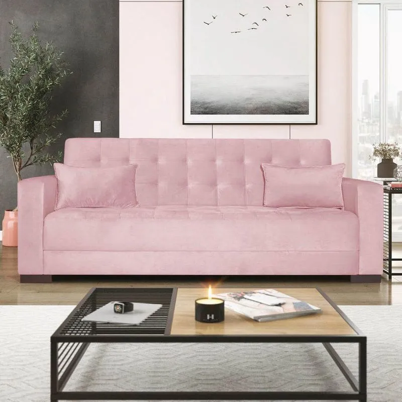 Sofá Cama 3 Lugares Jobim Suede Rosa Bebê