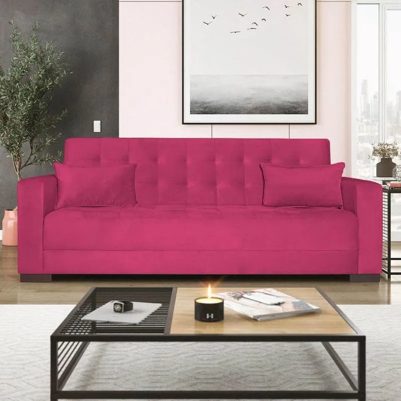 Sofá Cama 3 Lugares Jobim Suede - Doce Sonho Móveis Pink