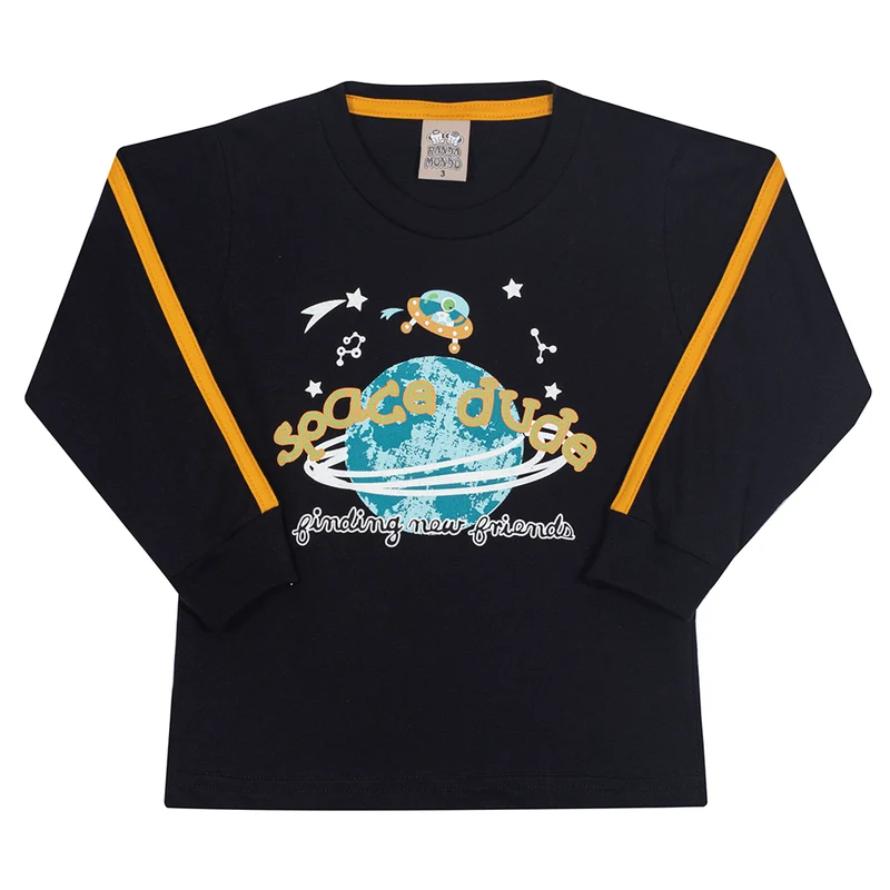 Camiseta Manga Longa Space Dude Preta Randa Mundu - Masculina 02 / Menino