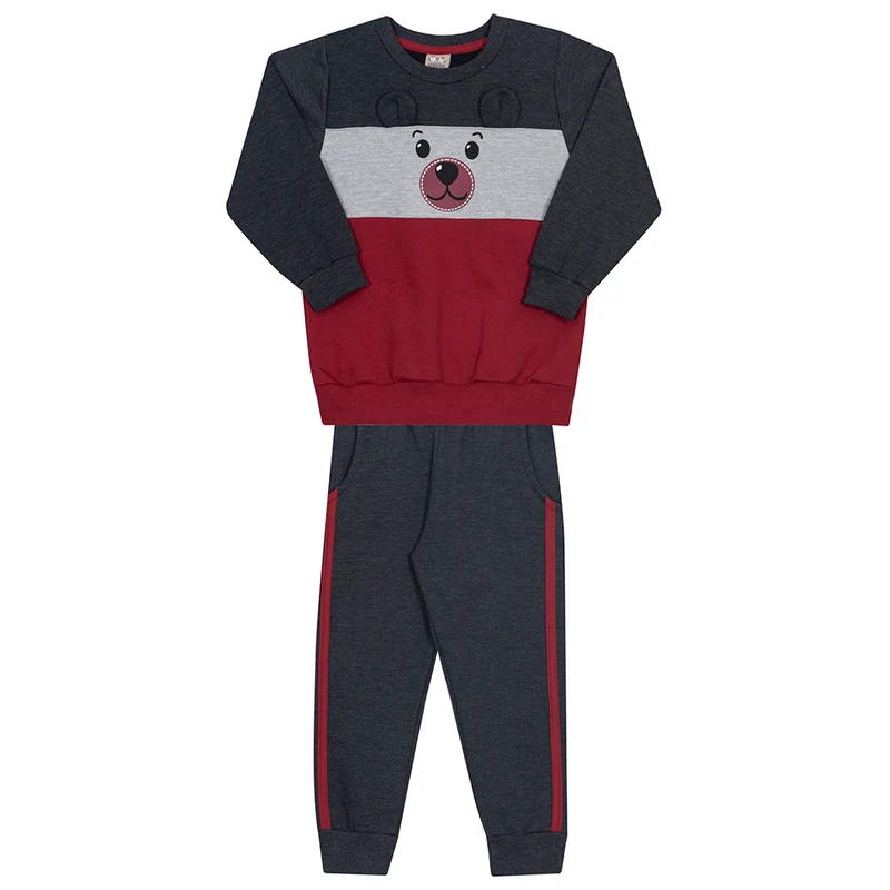 Conjunto Moletom Manga Longa Ursinho Vermelho Randa Mundu - Masculino 02 / Menino