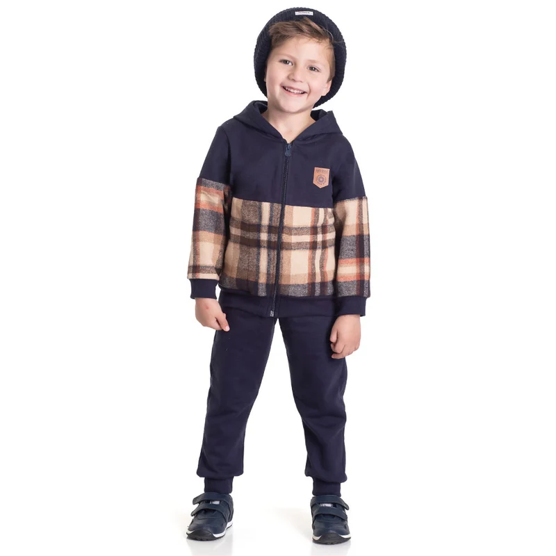 Conjunto Casaco Flanela com Capuz e Calça Moletom Marinho Xadrez Randa Mundu - Masculino 02 / Menino