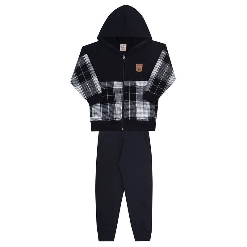 Conjunto Casaco Flanela com Capuz e Calça Moletom Preto Xadrez Randa Mundu - Masculino 02 / Menino