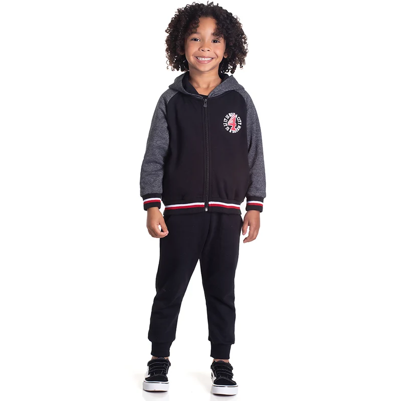 Conjunto Moletom Jaqueta com Capuz Preto e Mescla Randa Mundu - Masculino 03 / Menino