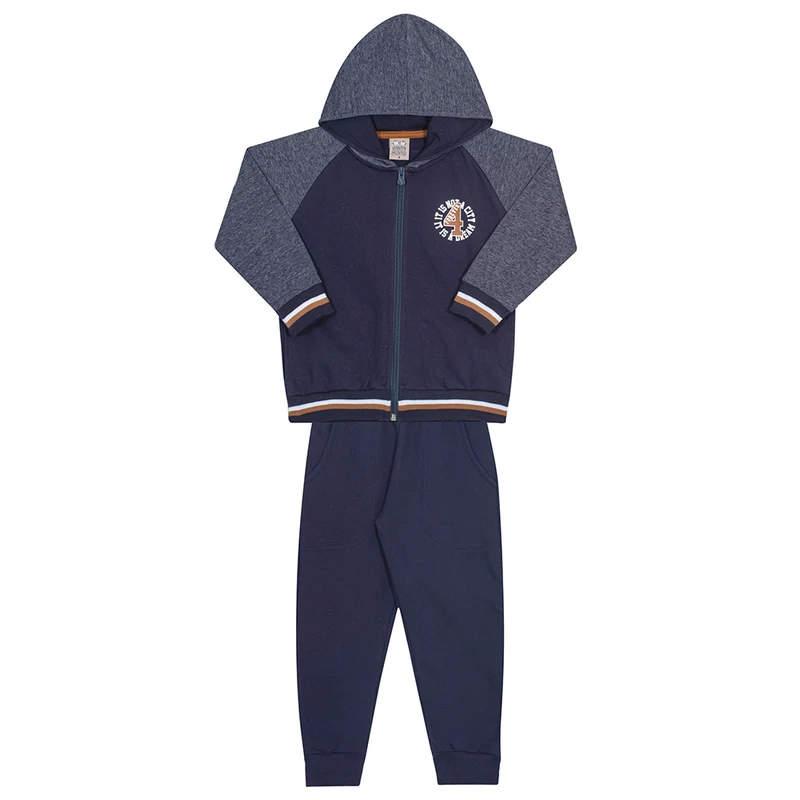 Conjunto Moletom Jaqueta com Capuz Marinho Randa Mundu - Masculino 01 / Menino