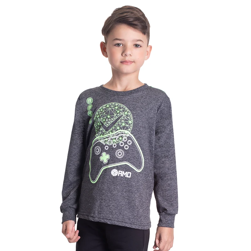 Camiseta Manga Longa Preto/Verde Randa Mundu - Masculina 08 / Menino