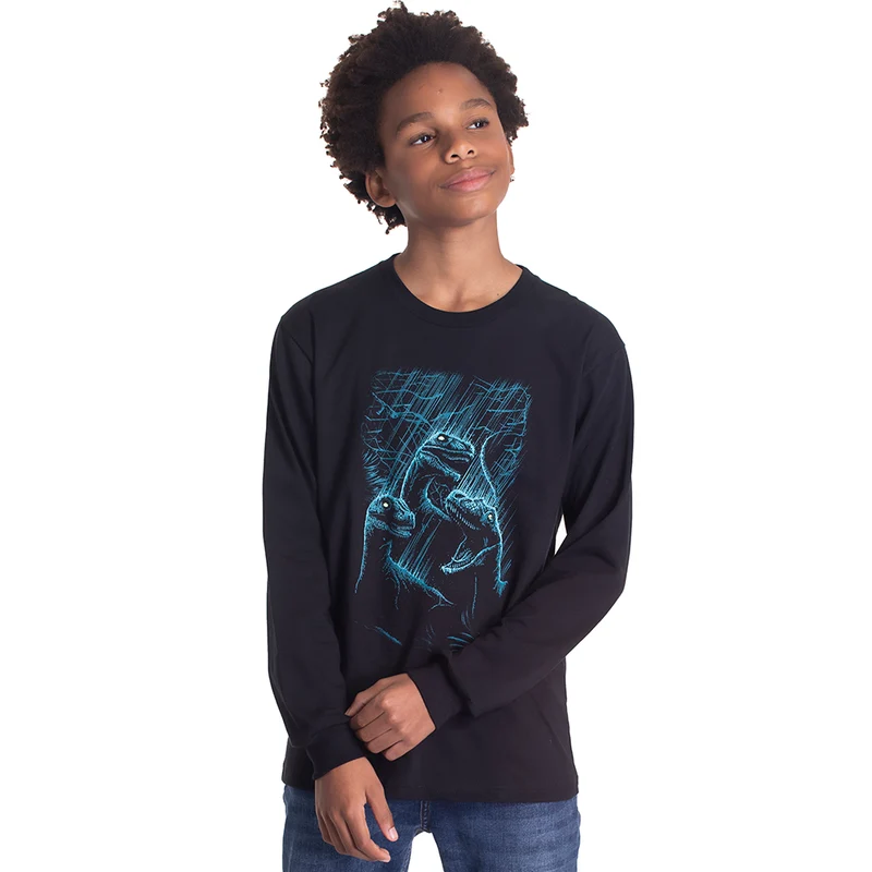 Camiseta Manga Longa Dinossauros Preta Randa Mundu - Masculina 16 / Menino