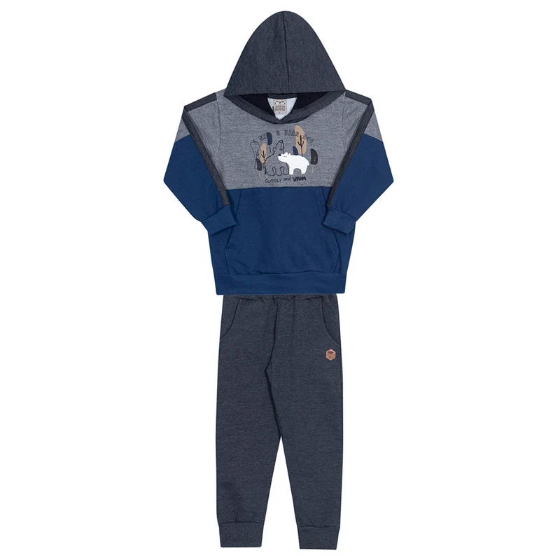 Conjunto Moletom Blusa com Capuz Azul e Mescla Randa Mundu - Masculino 02 / Menino