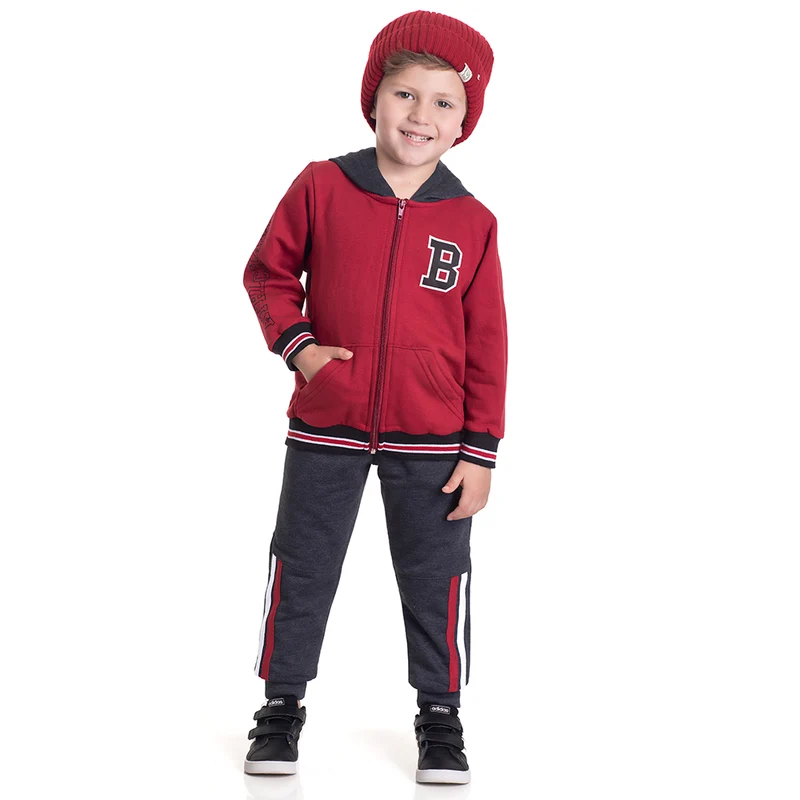 Conjunto Moletom Jaqueta com Capuz Vermelho Randa Mundu - Masculino 02 / Menino