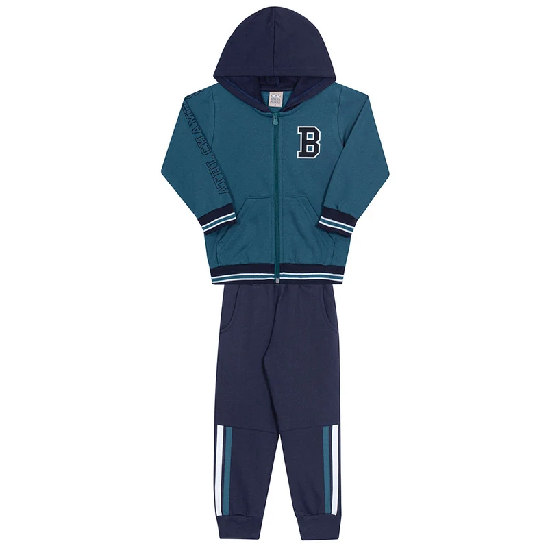 Conjunto Moletom Jaqueta com Capuz Petroleo Randa Mundu - Masculino 01 / Menino