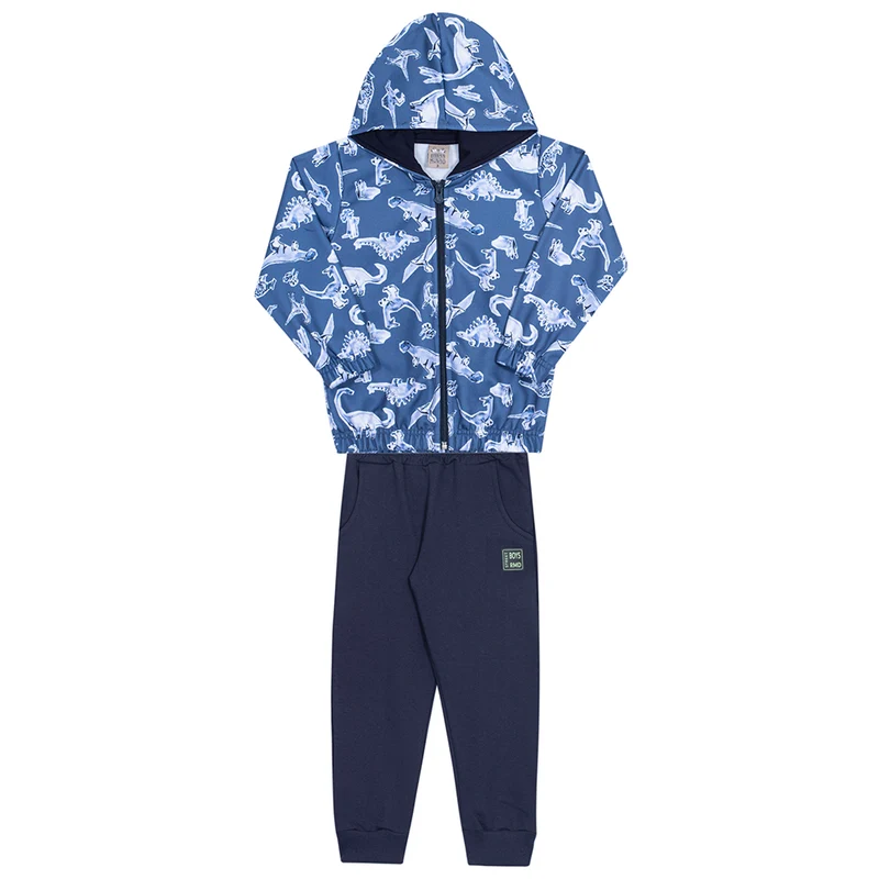 Conjunto Moletom com Capuz Dinossauros Azul Randa Mundu - Masculino 01 / Menino