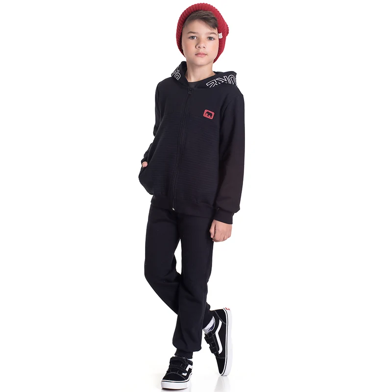 Conjunto Moletom Jaqueta com Capuz Escritas Preto Randa Mundu - Masculino 06 / Menino