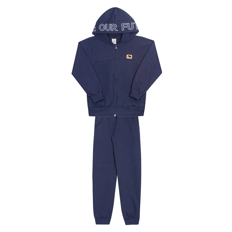 Conjunto Moletom Jaqueta com Capuz Escritas Marinho Randa Mundu - Masculino 08 / Menino