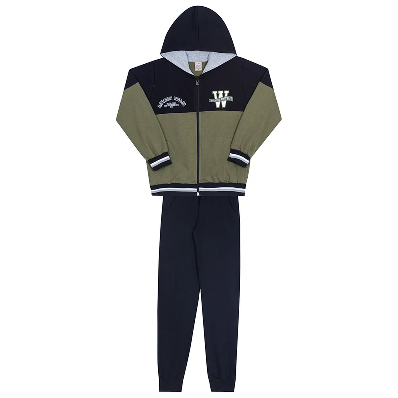 Conjunto Moletom Jaqueta com Capuz Active Team Preto e Verde Randa Mundu - Masculino 08 / Menino