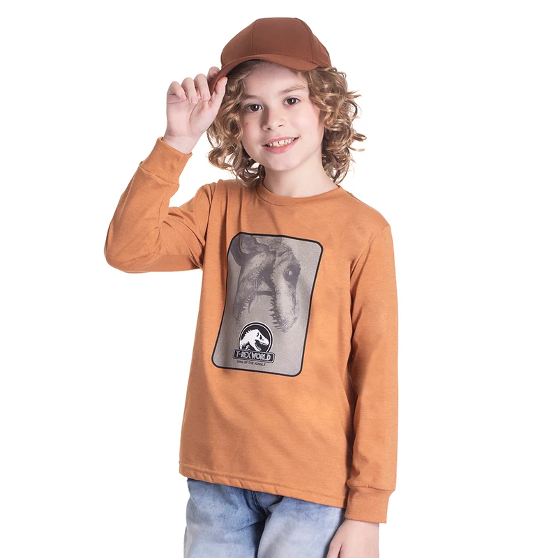 Camiseta Manga Longa T-Rex World Brilha no Escuro Laranja Randa Mundu - Masculina 06 / Menino