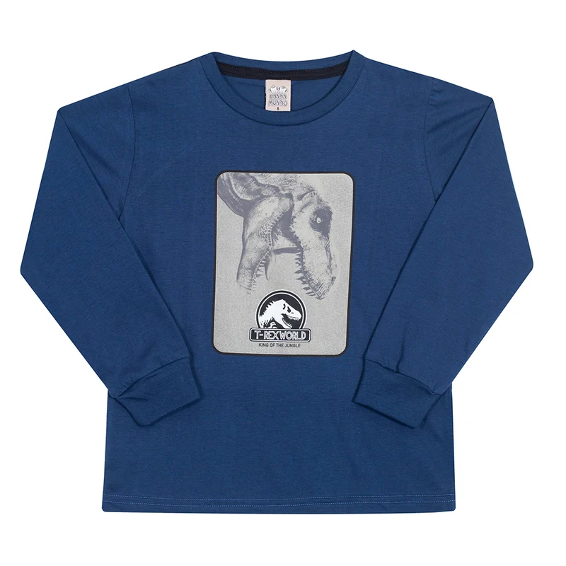 Camiseta Manga Longa T-Rex World Brilha no Escuro Azul Randa Mundu - Masculina 06 / Menino