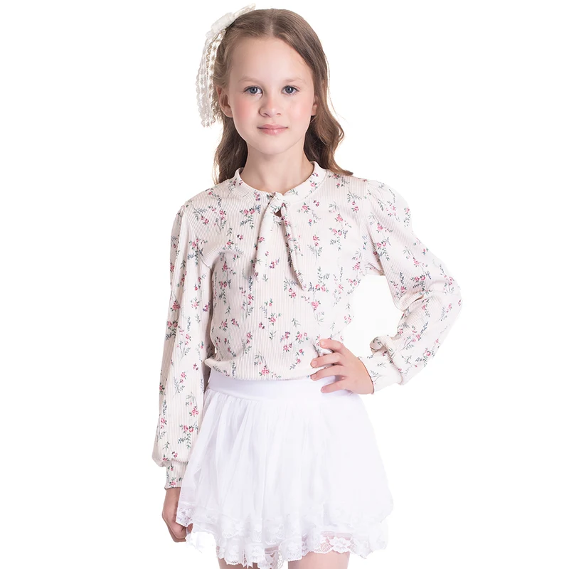 Blusinha Manga Longa Canelada Estampada Flores Bege Randa Mundu - Feminina 04 / Menina