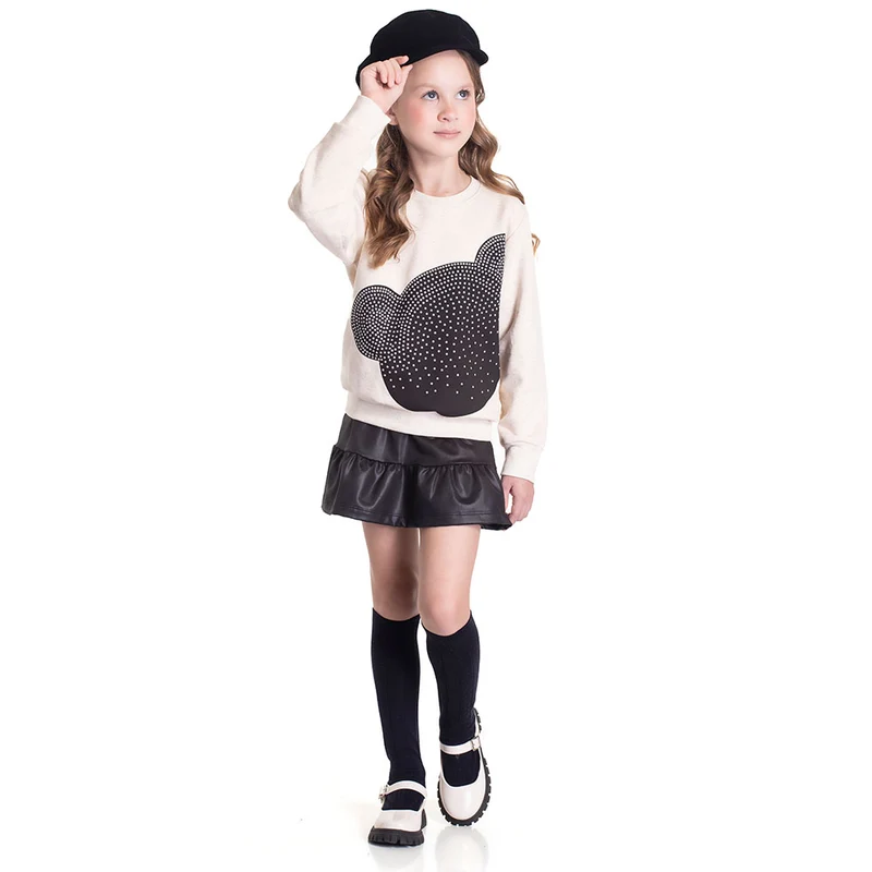 Conjunto Blusa Moletom e Shorts Saia Cirrê Linho Randa Mundu - Feminino 10 / Menina