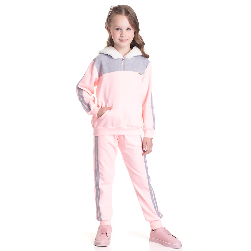 Conjunto Manga Longa Moletom com Capuz Rosa e Mescla Randa Mundu - Feminino 04 / Menina