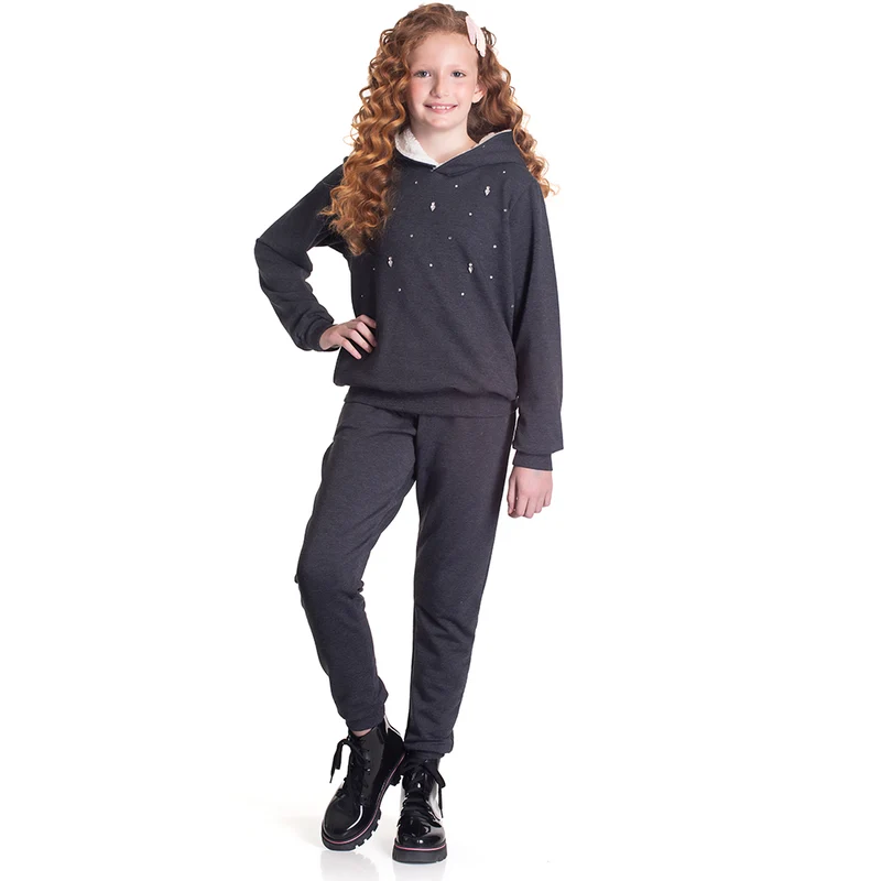Conjunto Moletom Manga Longa Preto com Capuz Randa Mundu - Feminino 14 / Menina