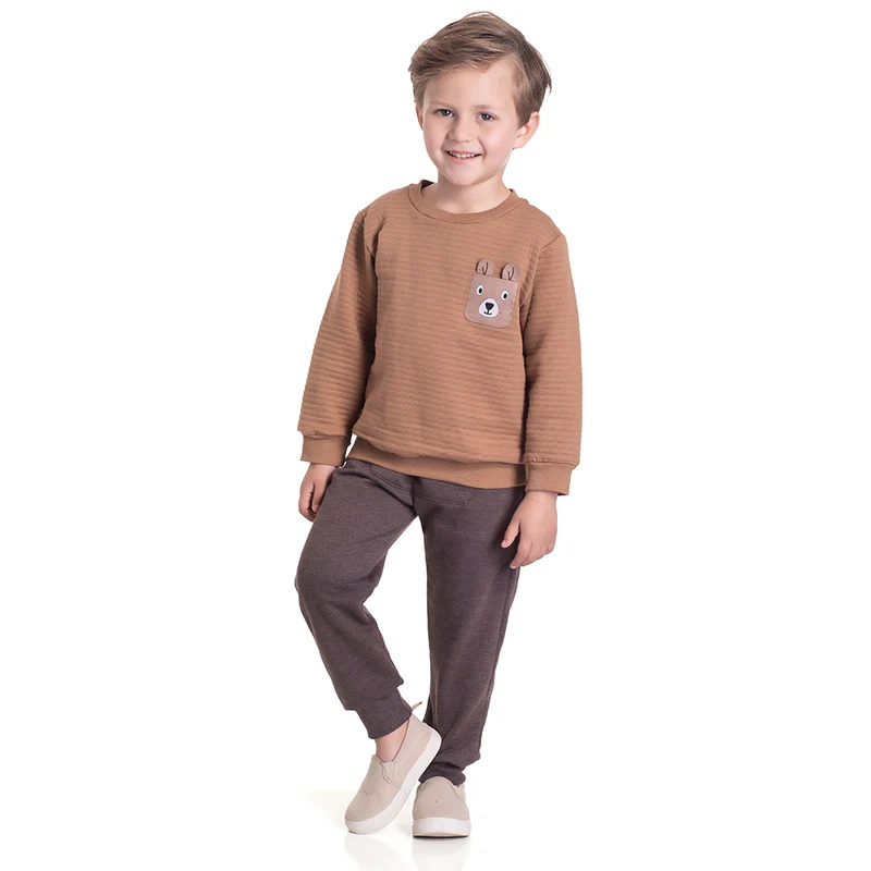 Conjunto Moletom Blusa Ursinho Castanho Randa Mundu - Masculino 01 / Menino