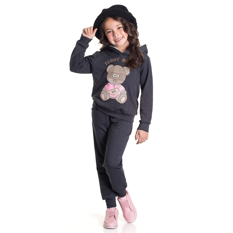 Conjunto Manga Longa Moletom Teddy Bear Preto Randa Mundu - Feminino 08 / Menina