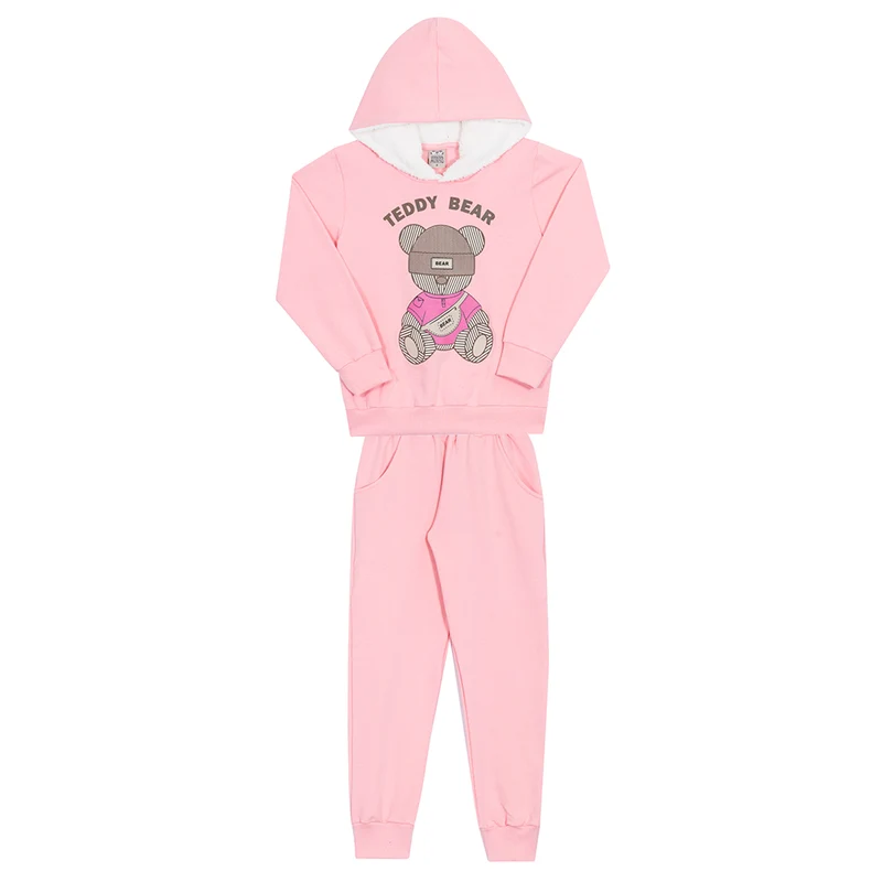Conjunto Manga Longa Moletom Teddy Bear Rosa Randa Mundu - Feminino 08 / Menina