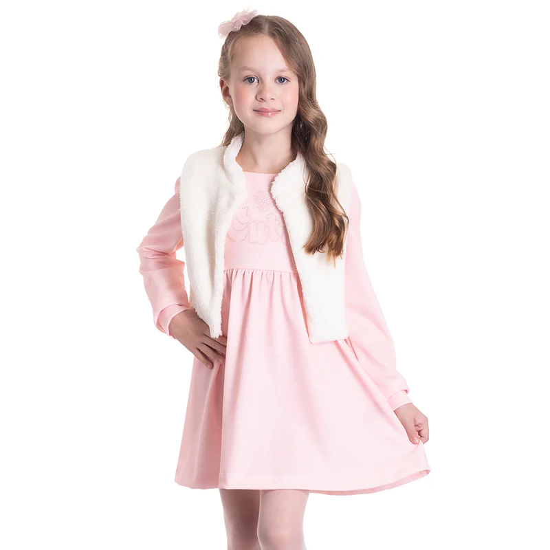 Conjunto Vestido e Colete Peluciado Rosa Randa Mundu - Feminino 08 / Menina