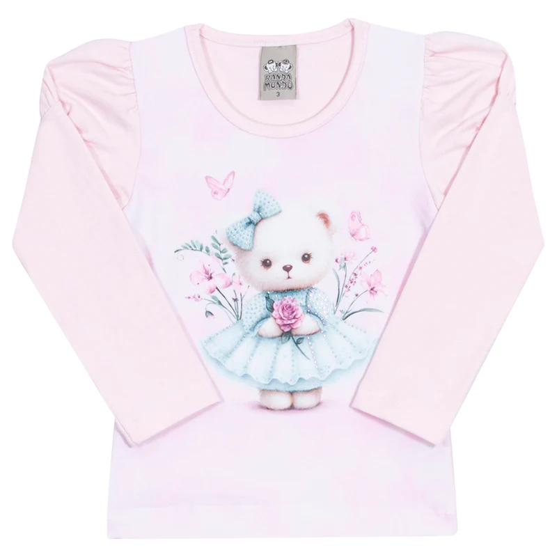 Blusinha Manga Longa Ursinha Rosa Cake Randa Mundu - Feminina 03 / Menina
