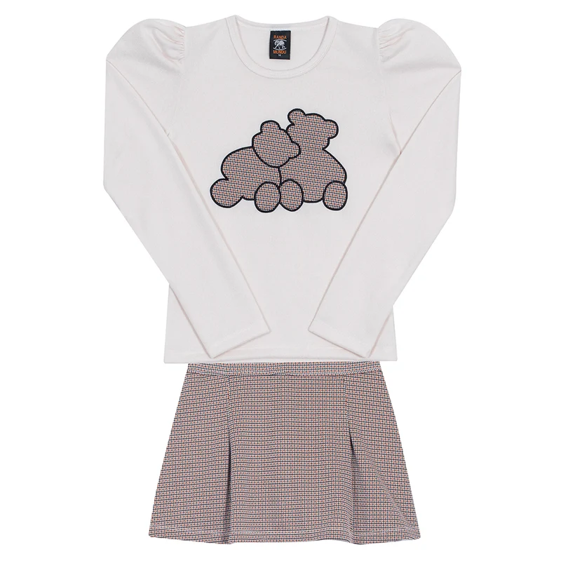 Conjunto Blusa Tricot e Shorts Saia Pied de Poule Off White Randa Mundu - Feminino 14 / Menina