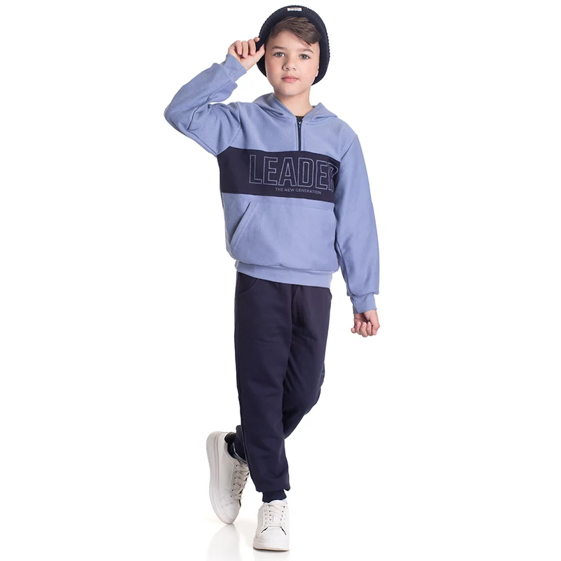 Conjunto Moletom com Capuz Peluciado Leader Azul Randa Mundu - Masculino 10 / Menino