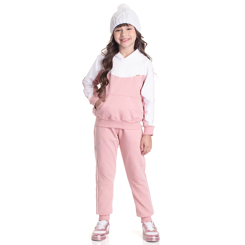 Conjunto Manga Longa Moletom com Capuz Rosa e Branco Randa Mundu - Feminino 06 / Menina