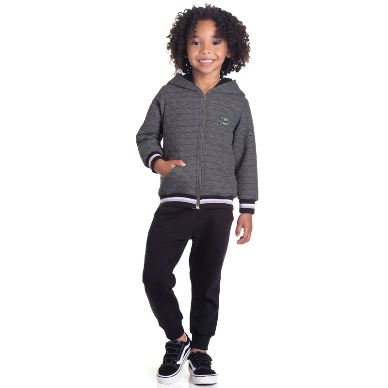 Conjunto Moletom Jaqueta Matelassê Preto Randa Mundu - Masculino 02 / Menino