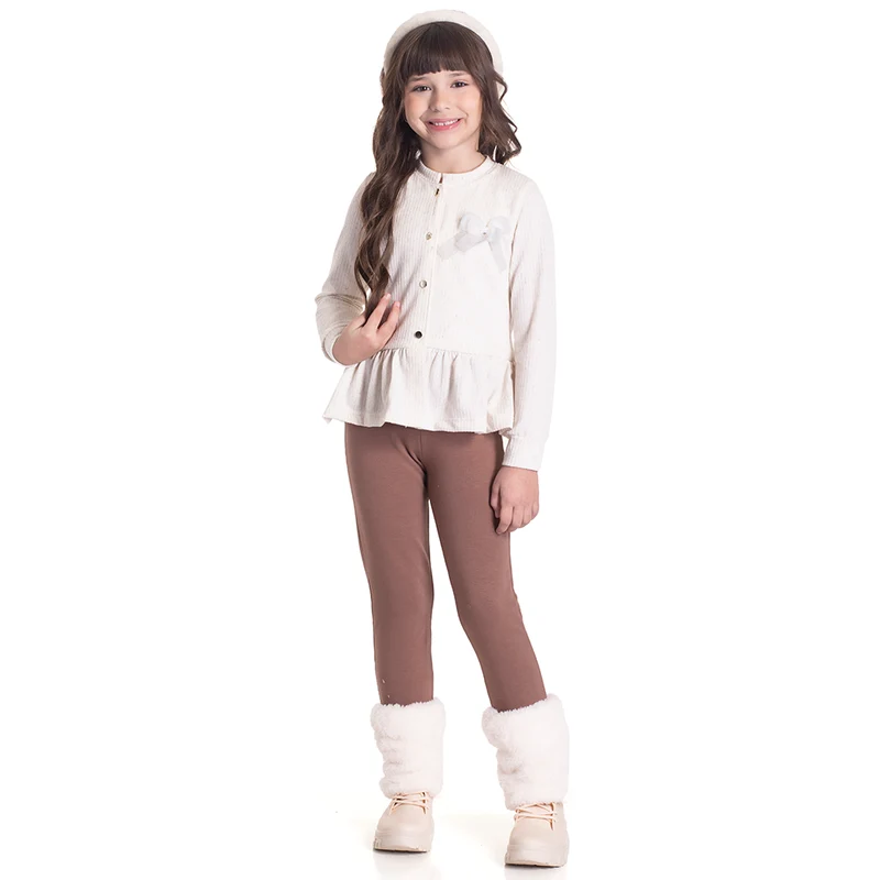 Conjunto Casaquinho Moletom e Legging Perola e Marrom Randa Mundu - Feminino 06 / Menina