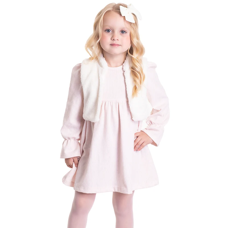 Conjunto Vestido Manga Longa e Colete Peluciado Rosa Cake Randa Mundu - Feminino 03 / Menina