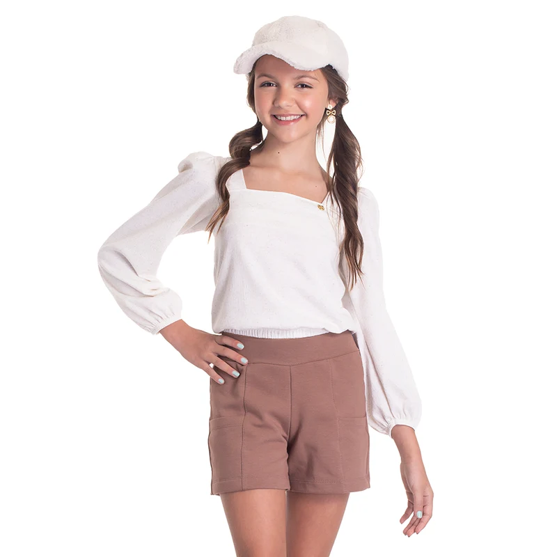 Conjunto Blusa Manga Longa Cotton e Shorts Molecotton Linho Randa Mundu - Feminino 14 / Menina