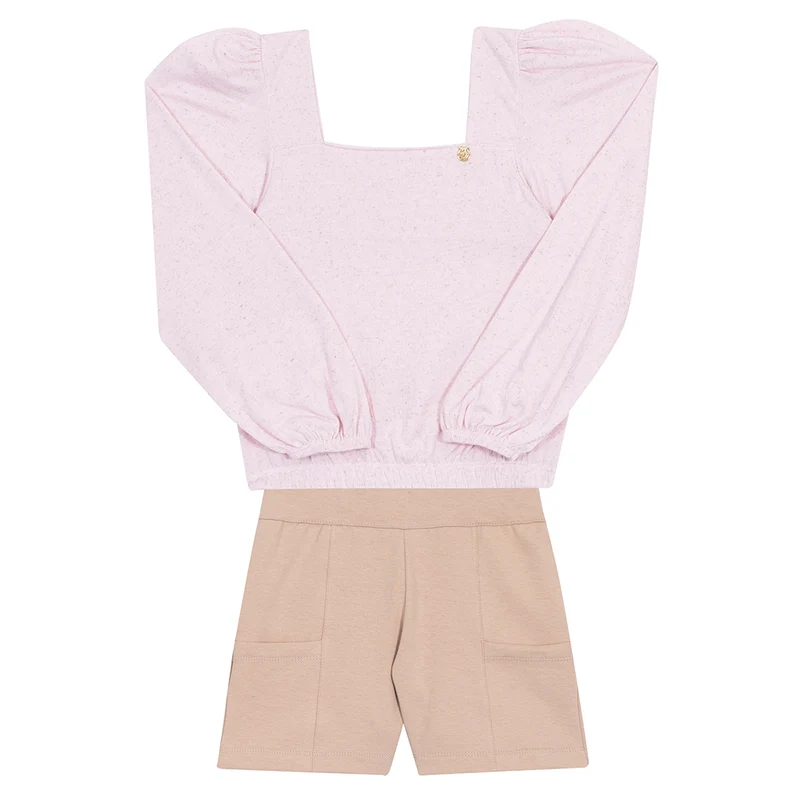 Conjunto Blusa Manga Longa Cotton e Shorts Molecotton Rosa Randa Mundu - Feminino 14 / Menina