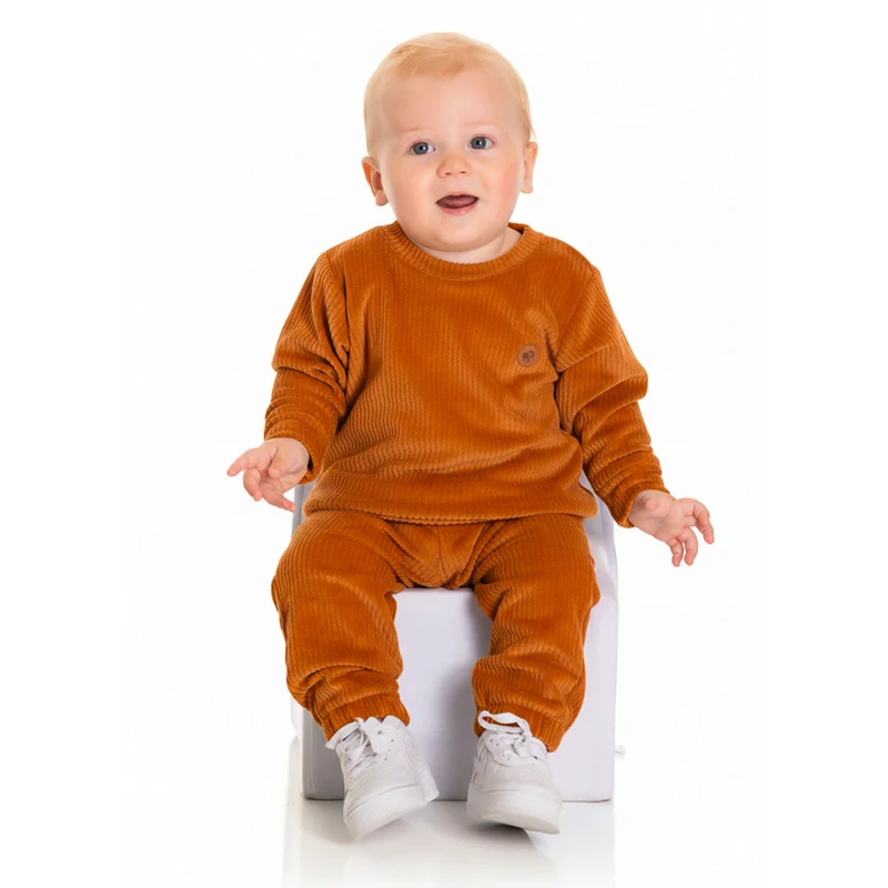 Conjunto Blusa e Calça Peluciado Canelado Bebê Masculino Randa Mundu M / Caramelo