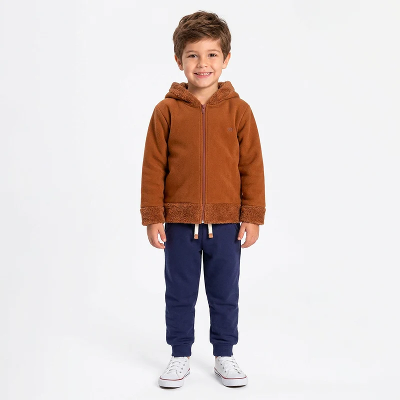 Conjunto Casaco Sherpa Soft e Calça Moletom Masculino Infantil Randa Mundu 01 / Caramelo