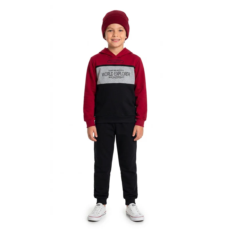 Conjunto Blusa Moletom World Explorer Masculino Infantil Randa Mundu 04 / Vermelho